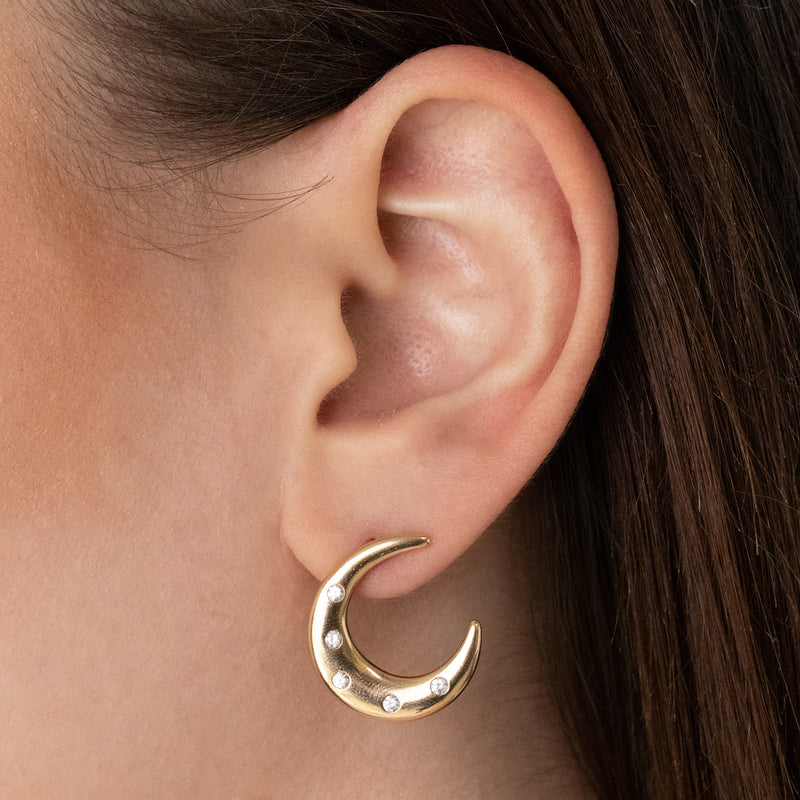Crescent Moon with Stars Stud Earrings in Solid Gold - Tales In Gold